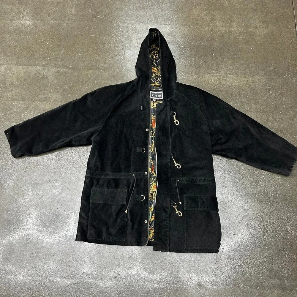 Vintage 90s G III Hooded Leather Jacket Men's Large Buckle Clasps Black Coat - Picture 1 of 8